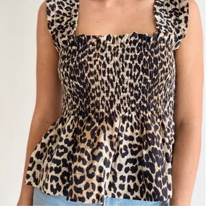 GANNI Smocked Cotton Silk Peplum Tank Top Cheetah Print